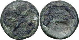 Greek Italy. Etruria, Inland Etruria. AE Struck Uncia, 3rd century BC. Wheel with six spokes with pellet. Traces of letters. / Double axe-head. In fie...