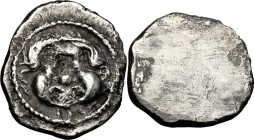 Greek Italy. Etruria, Populonia. AR 2.5 Units, c. 425-400 BC. Head of Metus facing; below, II / Blank. Vecchi EC 10 (O1); HN Italy 119; Sambon 39. AR....