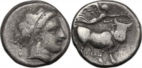 Greek Italy. Central and Southern Campania, Neapolis. AR Nomos, c. 300-275 BC. Head of Parthenope right. / Man-headed bull right; above, Nike flying r...