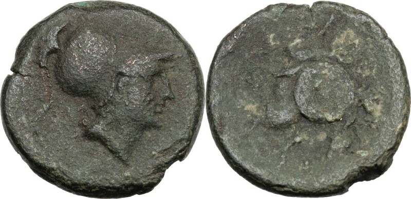 Greek Italy. Eastern Italy, Larinum. AE Quincunx, c. 210-175 BC. Helmeted head o...