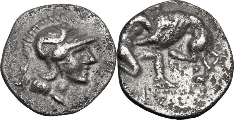 Greek Italy. Southern Apulia, Caelia. AR Diobol, 325-275 BC. Head of Athena righ...