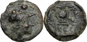 Greek Italy. Southern Apulia, Caelia. AE Uncia, c. 220-150 BC. Helmeted head of Athena right; above, one pellet. / Trophy; at left, palm branch; at ri...