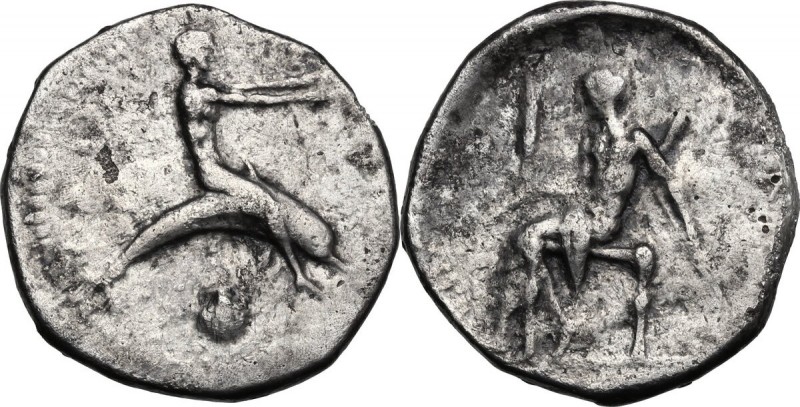Greek Italy. Southern Apulia, Tarentum. AR Nomos, c. 470-425 BC. Taras astride d...