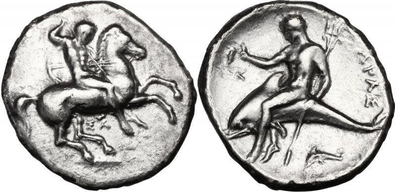 Greek Italy. Southern Apulia, Tarentum. AR Nomos, c. 332-302 BC. Nude warrior on...