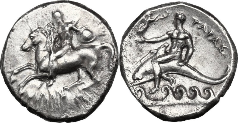Greek Italy. Southern Apulia, Tarentum. AR Nomos, 302-280 BC. Nude warrior on ho...