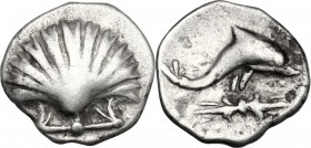 Greek Italy. Southern Apulia, Tarentum. AR Hemilitron, c. 325-280 BC. Shell. / Dolphin right; thunderbolt below. HN Italy 979; Vlasto 1506. AR. 0.56 g...