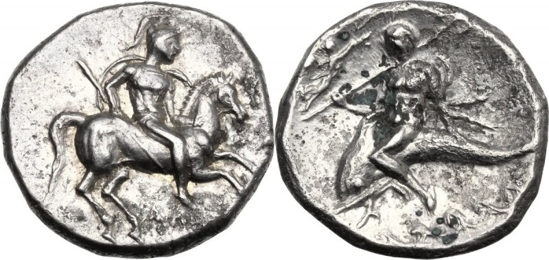 Greek Italy. Southern Apulia, Tarentum. Fourrée Nomos, c. 272-240 BC. Warrior on...