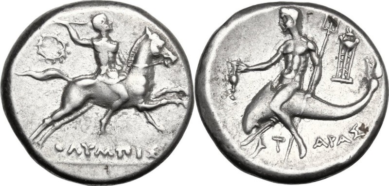 Greek Italy. Southern Apulia, Tarentum. AR Nomos, c. 240-228 BC. Horseman riding...