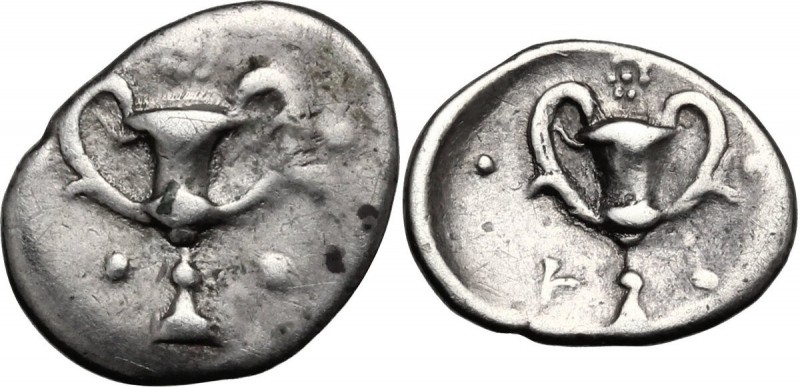 Greek Italy. Southern Apulia, Tarentum. AR Obol, c. 280-228 BC. Kantharos; five ...