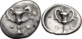 Greek Italy. Southern Apulia, Tarentum. AR Obol, c. 280-228 BC. Kantharos; five pellets around. / Kantharos; four pellets around and rosette above. HN...