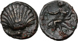 Greek Italy. Southern Apulia, Tarentum. AE 13.5 mm. c. 275-200 BC. Shell. / Phalantos, holding kantharos and cornucopiae, riding dolphin left; B below...