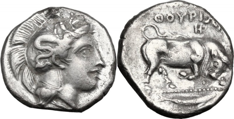 Greek Italy. Southern Lucania, Thurium. AR Stater, c. 400-350 BC. Head of Athena...