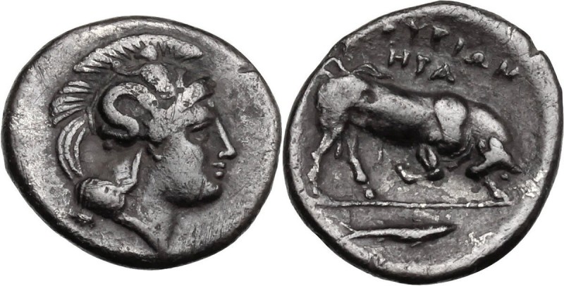 Greek Italy. Southern Lucania, Thurium. AR Diobol, c. 350-300 BC. Head of Athena...