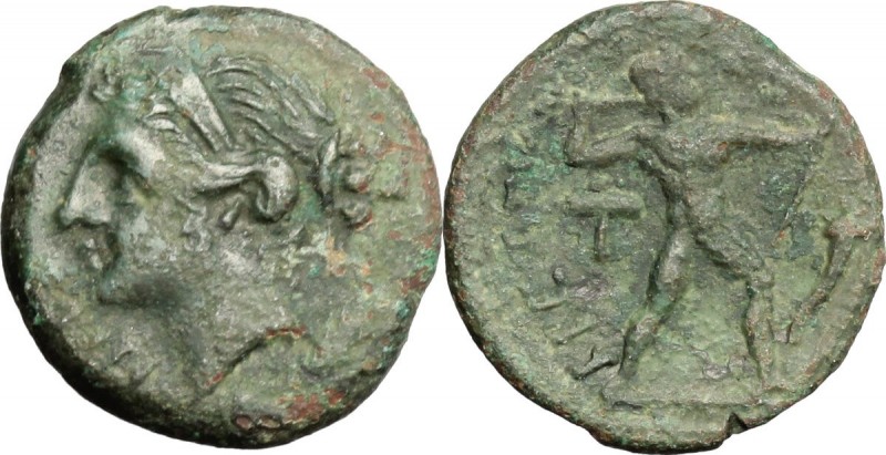 Greek Italy. Bruttium, Brettii. AE Half Unit, c. 214-211 BC. NIKA. Diademed head...