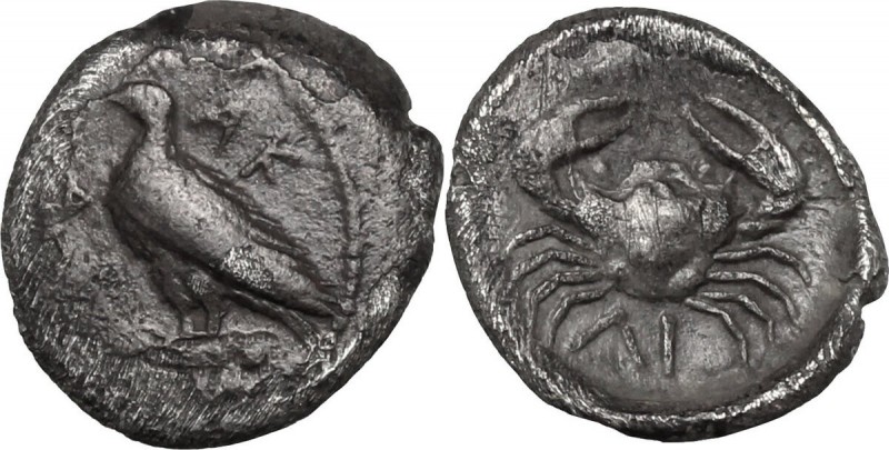 Sicily. Akragas. AR Litra, c. 450-440 BC. AK-[PA retrograde]. Eagle standing lef...