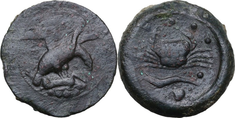 Sicily. Akragas. AE Hemilitron, circa 420-406 BC. Eagle standing right, wings sp...
