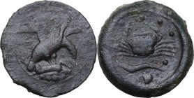 Sicily. Akragas. AE Hemilitron, circa 420-406 BC. Eagle standing right, wings spread, on hare; to left, AKPA. / Crab; below, crayfish left and scallop...