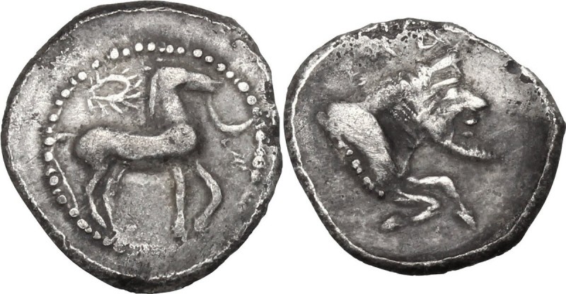 Sicily. Gela. AR Litra, c. 465-450 BC. Bridled horse advancing right; wreath abo...