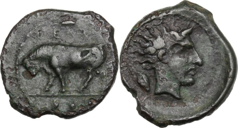 Sicily. Gela. AE Trias, c. 420-405 BC. ΓΕΛΑΣ. Bull standing left; in exergue, th...