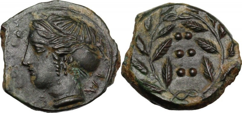 Sicily. Himera. AE Hemilitron, c. 415-409 BC. IM-E. Head of nymph left; six pell...