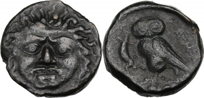 Sicily. Kamarina. AE Tetras or Trionkion, c. 420-405 BC. Gorgoneion. / KAMA. Owl...