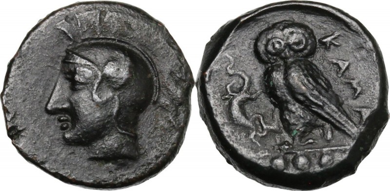 Sicily. Kamarina. AE Tetras or Trionkion, c. 420-405 BC. Helmeted head of Athena...