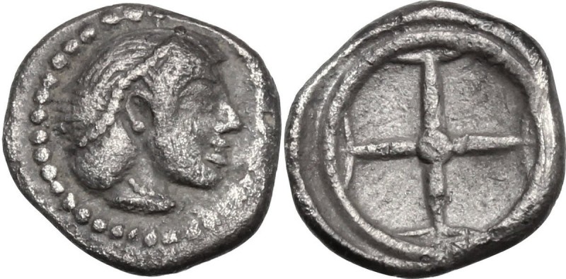 Sicily. Syracuse. Hieron I (478-466 BC). AR Obol, 475-470 BC. Head of Arethusa r...