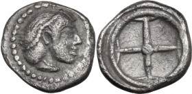 Sicily. Syracuse. Hieron I (478-466 BC). AR Obol, 475-470 BC. Head of Arethusa right, diademed. / Wheel with four spokes. HGC 2 1371; SNG Cop. 632. AR...