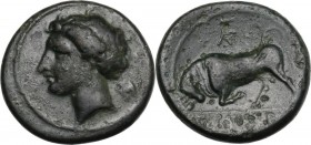 Sicily. Syracuse. Agathokles (317-289 BC). AE 16 mm. Head of Persephone left; behind, astragalos. / Bull butting left; above, monogram; ethnic in exer...
