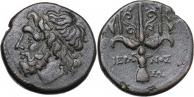 Sicily. Syracuse. Hieron II (275-215 BC). AE Tetras, c. 263-218 BC. Head of Poseidon left, wearing taenia. / Ornamented trident head flanked by two do...