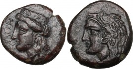 Sicily. Thermai Himerenses. AE 19 mm. c. 407-340 BC. [ΘΕΡ] ΜΙΤΑΝ. Head of Hera left, wearing stephane. / Head of young Herakles left, wearing lion ski...
