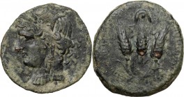 Punic Sardinia. Uncertain mint. AE Shekel. Libyan Revolt (c. 241-238 BC). Wreathed head of Tanit left. / Three grain ears; inverted crescent and pelle...