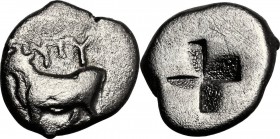Continental Greece. Thrace, Byzantion. AR Half Siglos, c. 340-320 BC. Bull staning left [on dolphin]; above, ΠΥ. / Incuse granulated mill-sail pattern...