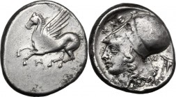 Continental Greece. Akarnania, Anactorium. AR Stater, c. 350-300 BC. Pegasos flying left; AN monogram below. / Helmeted head of Athena left; KΛE above...