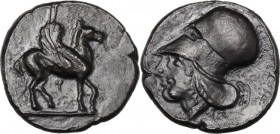 Continental Greece. Corinthia, Corinth. AR Stater, c. 405-345 BC. Pegasos standing right, below, koppa. / Helmeted head of Athena left. Pegasi 252; Vl...