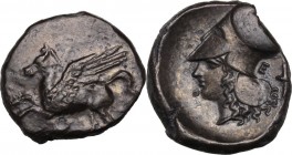 Continental Greece. Corinthia, Corinth. AR Stater, c. 350-306 BC. Pegasos flying left; below, koppa. / Helmeted head of Athena left; E behind, race to...