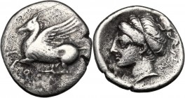 Continental Greece. Corinthia, Corinth. AR Drachm, c. 350-300 BC. Pegasos flying left; below, koppa. / Head of Aphrodite left, hair in sakkos; small Δ...