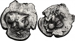 Continental Greece. Corinthia, Corinth. (?). AR Drachm, 4th century BC. Overstruck on uncertain undertype. Pegasos flying right; clearly visible trace...