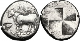 Greek Asia. Bithynia, Calchedon. AR Siglos, c. 340-320 BC. KAΛ[Χ]. Bull standing left; below, grain ear; in left field, (bankers's ?) countermark (lyr...