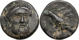 Greek Asia. Mysia, Adramyteion. AE 11.5 mm. 360-340 BC. Head of Zeus facing slightly right. / ΑΔΡΑ-[Μ]-Υ. Eagle standing left on rock; grain ear befor...
