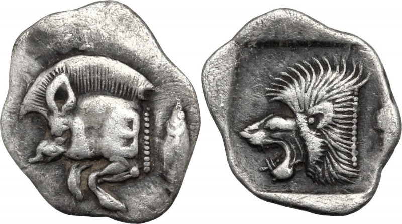 Greek Asia. Mysia, Kyzikos. AR Diobol, c. 525-475 BC. Forepart of boar left; ret...