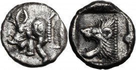 Greek Asia. Mysia, Kyzikos. AR Hemiobol, c. 450-400 BC. Forepart of boar left. / Head of roaring lion left, within incuse square. Cf. SNG von Aulock 1...