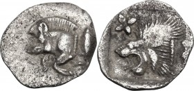 Greek Asia. Mysia, Kyzikos. AR Hemiobol, 5th century BC. Forepart of boar left; behind, tuna. / Head of lion left; above, star; all in incuse square. ...