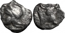 Greek Asia. Mysia, Kyzikos. AR Hemiobol, c. 450-400 BC. Head of Attis left, wearing Phrygian cap. / K-Y-Z-I. Head of bull facing slightly right. SNG v...