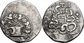 Greek Asia. Mysia, Pergamon. AR Tetradrachm. Cistophoric standard. Struck c. 76-67 BC. Cista mystica within ivy wreath. / Two serpents entwined around...