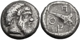 Greek Asia. Island off Mysia, Pordosilene. AR Hemiobol, c. 400 BC. Bearded head of Silenos right. / Dolphin transversely downward to right; around, Π ...