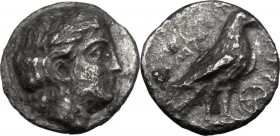 Greek Asia. Troas, Abydos. AR Hemidrachm, c. 375-350 BC. Laureate head of Apollo right. / Eagle standing right; uncertain magistrate's name behind (ΠΡ...