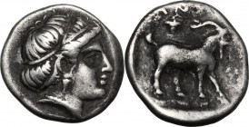 Greek Asia. Troas, Antandros. AR Diobol, c. 420-380 BC. Head of Artemis Astyrene right. / ANT[ ]. Goat standing right; bunch of grapes in upper field....