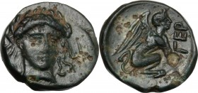 Greek Asia. Troas, Gergis. AE 10 mm 400-241 BC. Three-quarter facing head of Sybil Herophile, turned slightly right. / Sphinx seated right; before, ΓΕ...