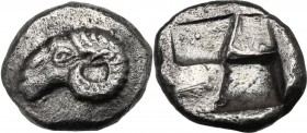 Greek Asia. Troas, Kebren. AR Hemidrachm, late 6th - early 5th century BC. Ram's head left. / Quadripartite incuse square, with two raised and two sun...